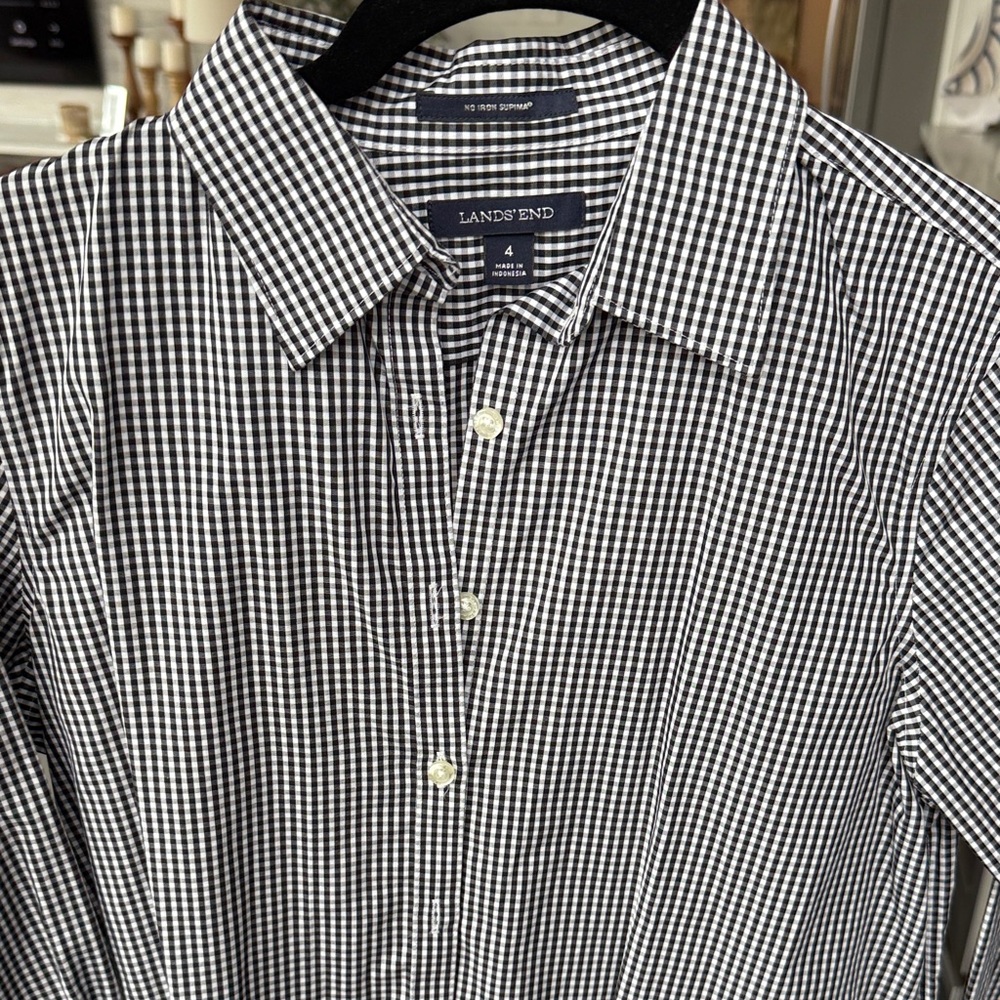 Lands' End Black and White Gingham Button-Down Shirt